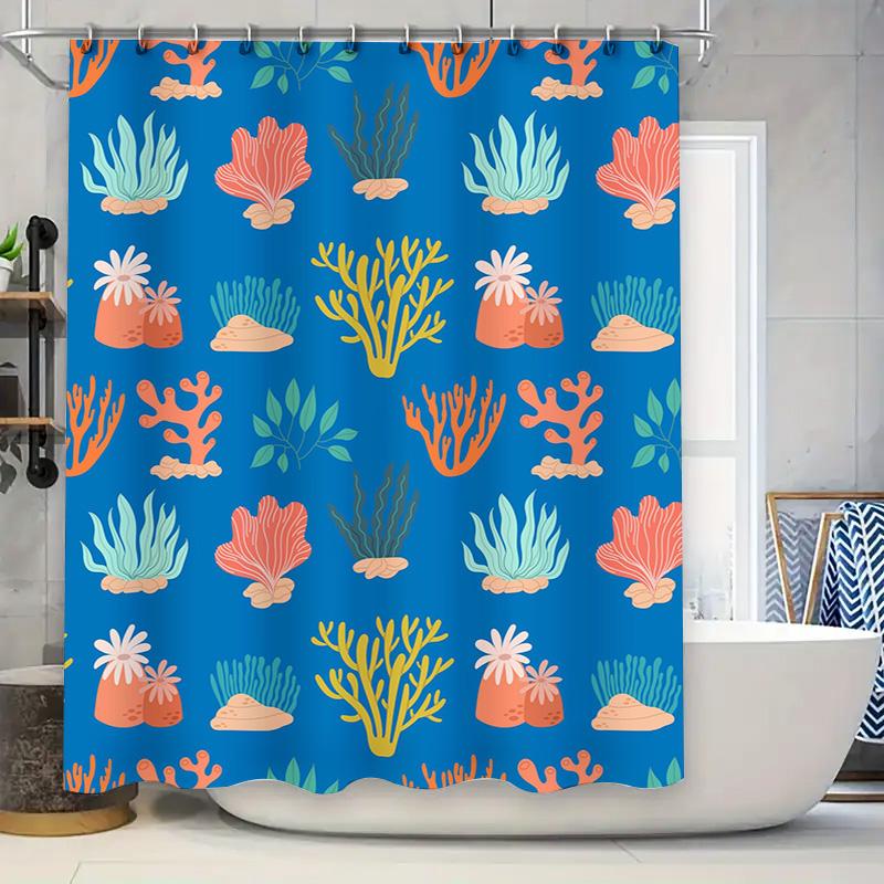 Colorful Coral Reef Shower Curtain Waterproof Bath Mat Bathroom Decor Home Supplies 245X180cm (Blue)