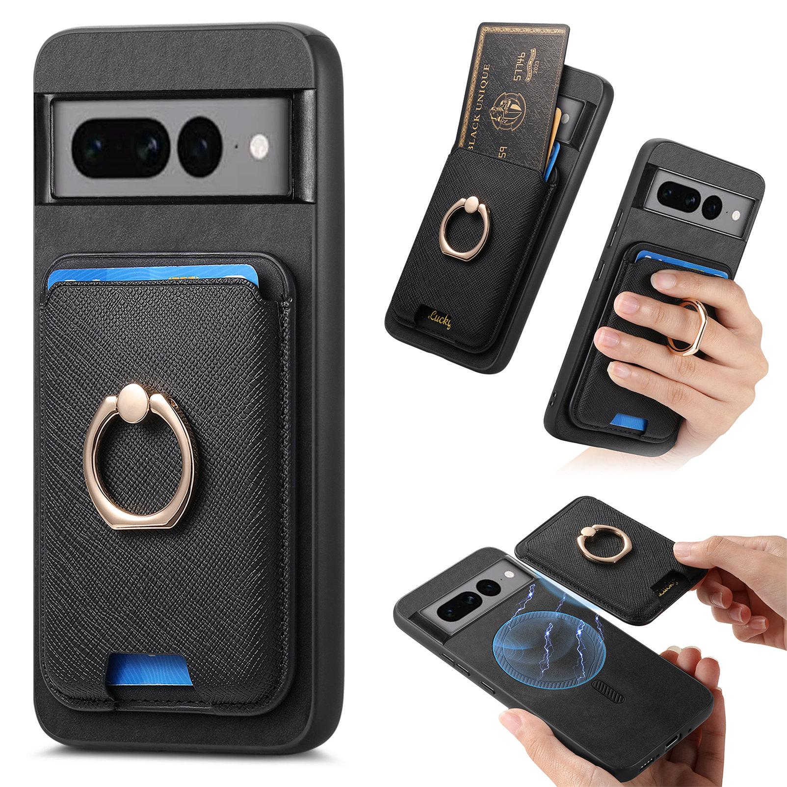 

For Google Pixel 7 Pro 5G Magnetic Phone Case with Detachable Ring Holder Card Bag Black