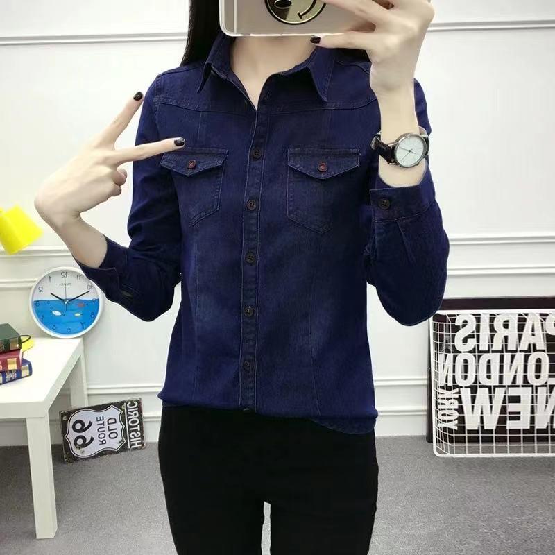 2025 Korean Style Slim Denim Shirt for Women - Spring/Autumn Long Sleeve, Solid Color, Thin, Petite, Casual & Sun-Protective