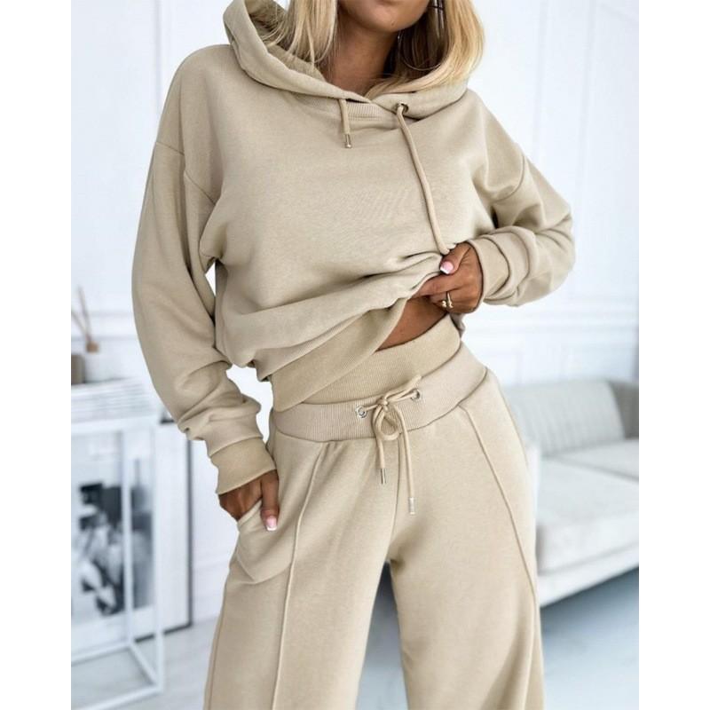 2026 Women's New Fall/Winter Solid Color Patchwork Hooded Sweatshirt Two-Piece Casual Sports Set