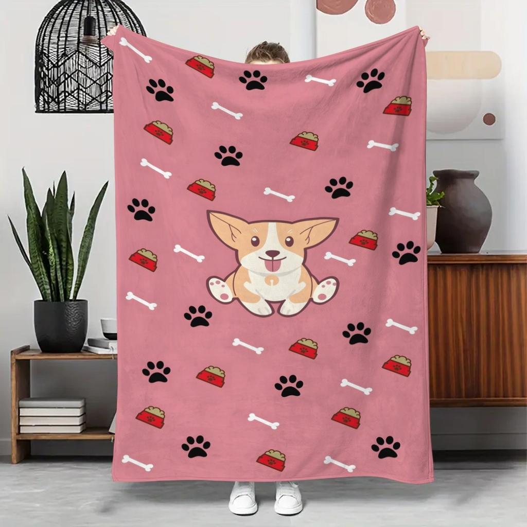 Cute Corgi Cartoon Throw Blanket, Multiple Specs Available (75*100cm/100*150cm/130*150cm/150*200cm/180*220cm), Soft & Cozy, Idea