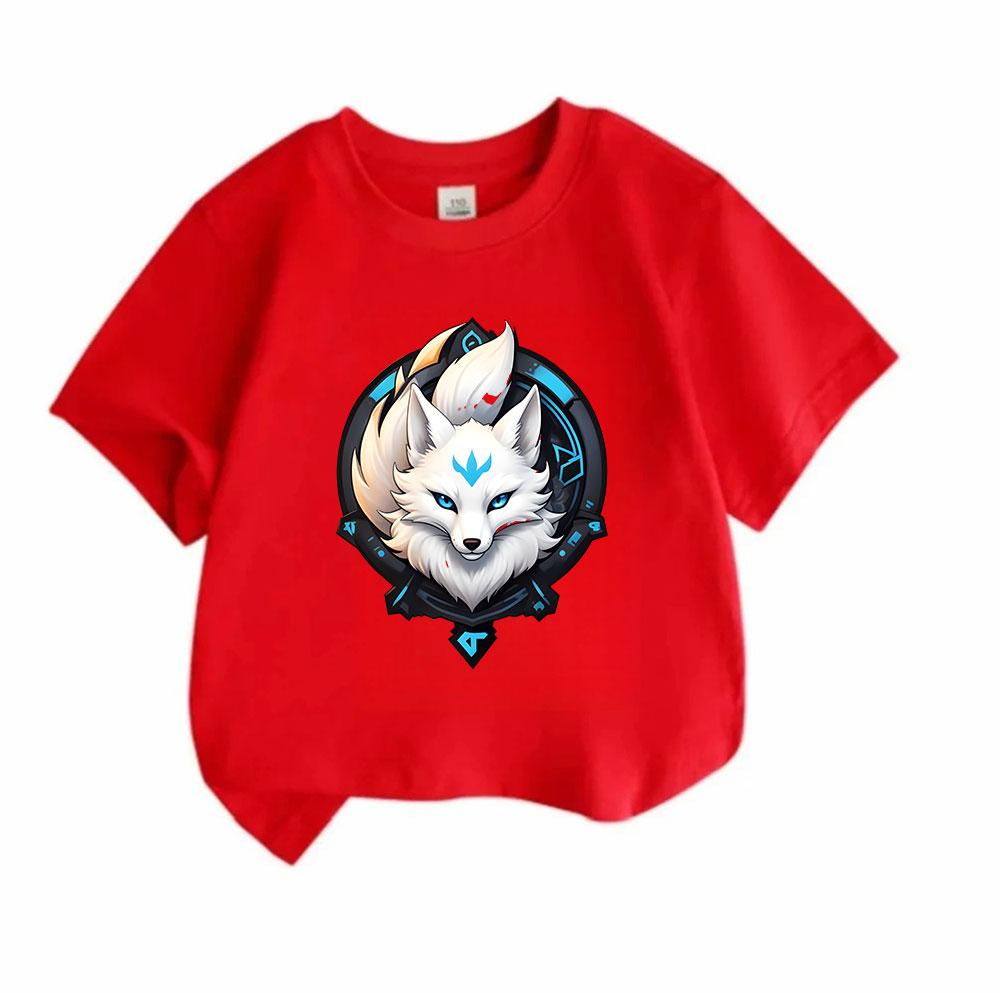 Kids Boys Girls 100% Cotton Short Sleeve T-Shirt, Cool White Nine-Tailed Fox With Blue Neon Mark Print Crew Neck Casual Soft Tee For Children Daily We