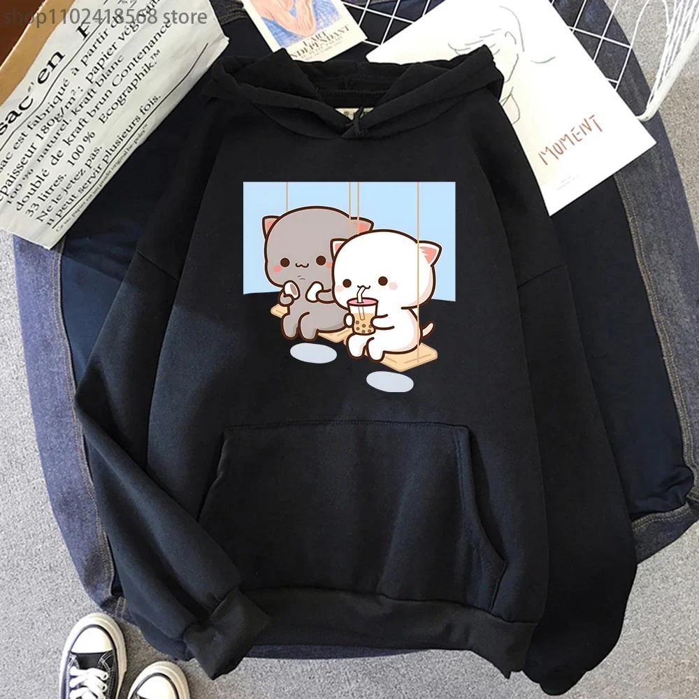Cute Peach Cat Cartoon Hoodies Bubble Tea Sweatshirt Mujer Camisetas Black Top Winter Kawaii Graphic Long Sleeve Clothing