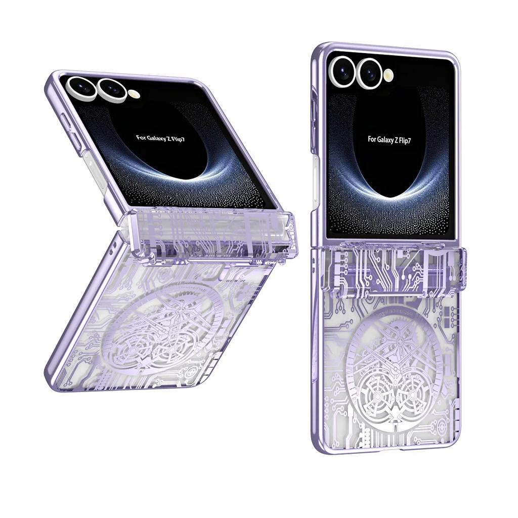 Mechanical Style Phone Case for Samsung Galaxy Z Flip 7 Fe 6 5 4 Flip7 Hinge Protection Clear Cover Luxury Electroplate