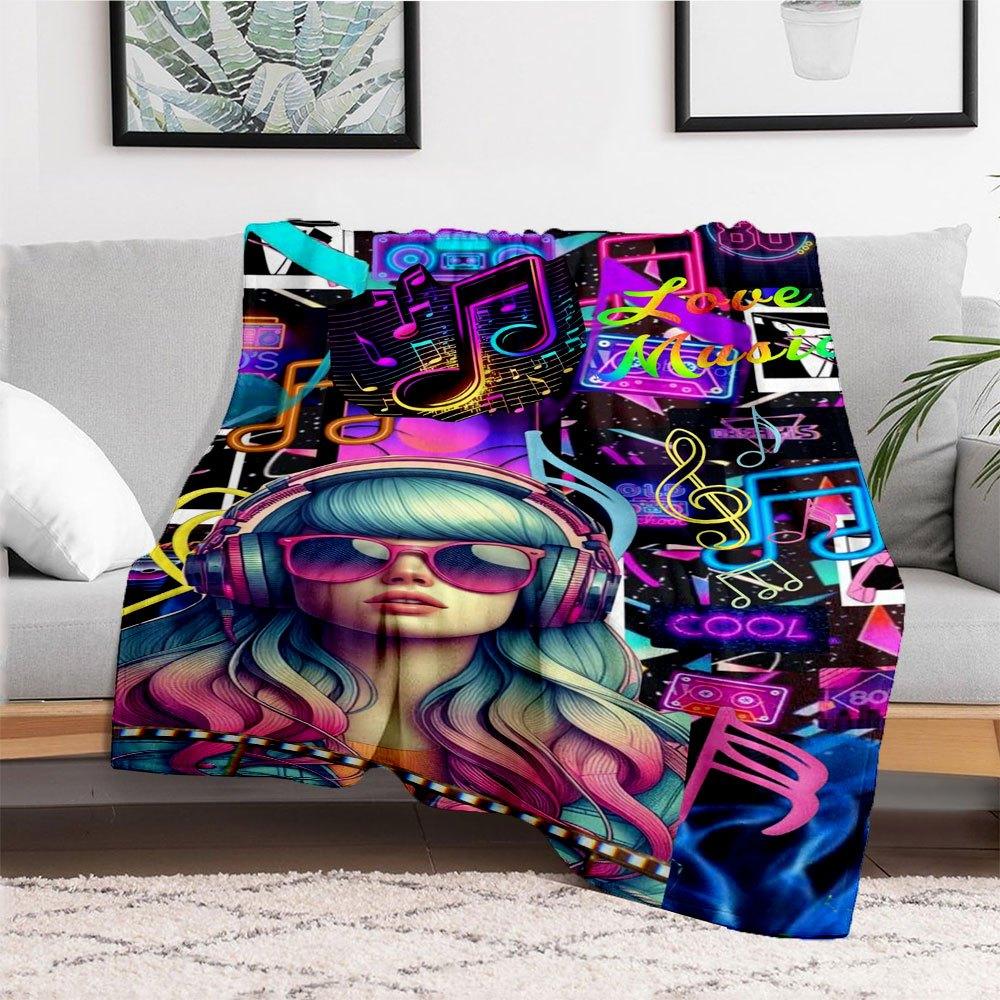 "80er Jahre Neon Musikfestival Kopfhörer Damen Hoodie" Decke Flanell Überwurfdecke für Sofa, Bett, Reisen, Camping, Büro