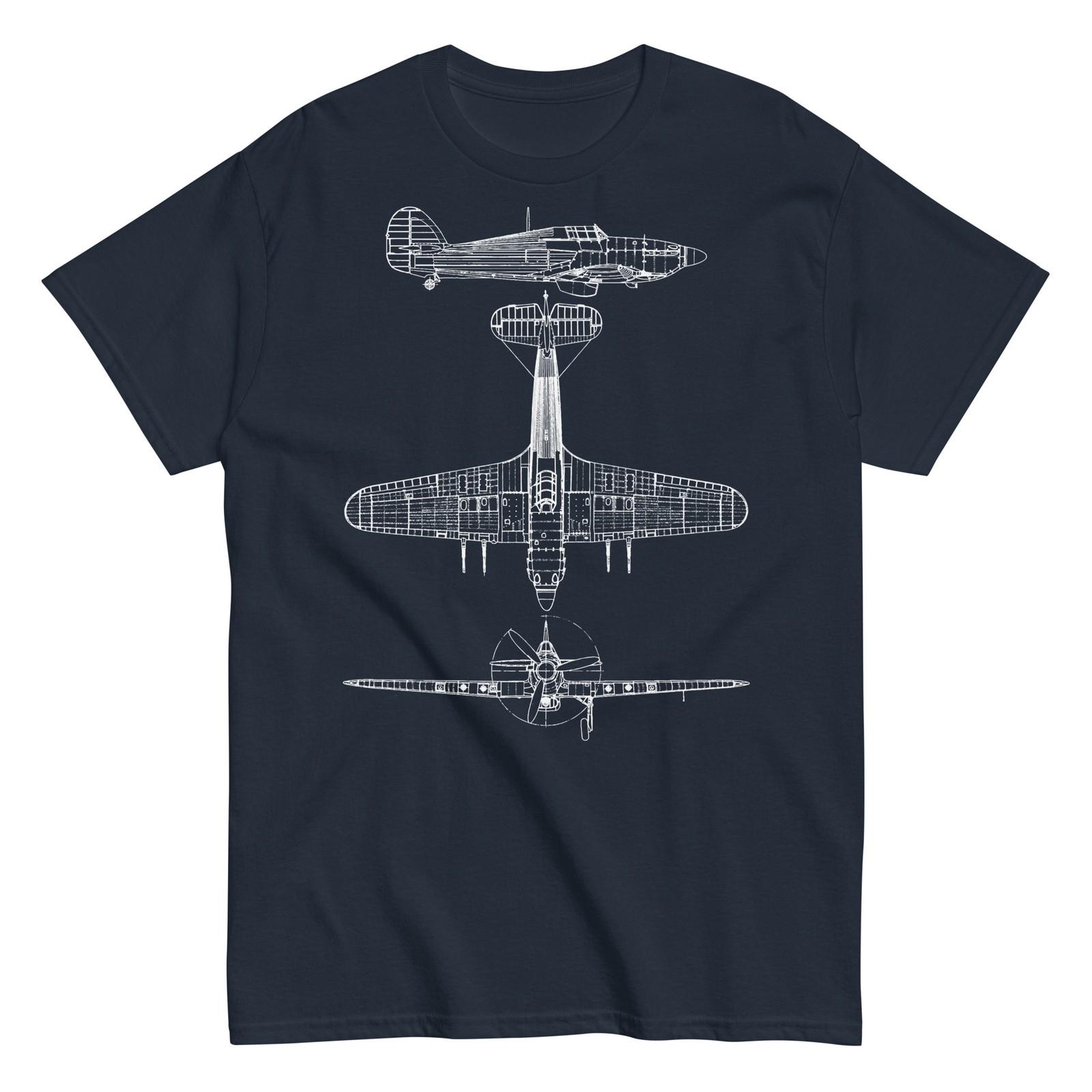 Hawker Hurricane WWII RAF Fighter Aircraft Blueprint Graphic T-Shirt M
