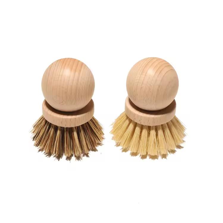 Natural Kitchen Dish & Pot Washing Brush Beech Bamboo Handle Round Sisal Bristles Durable Dish Cleaning Brush M