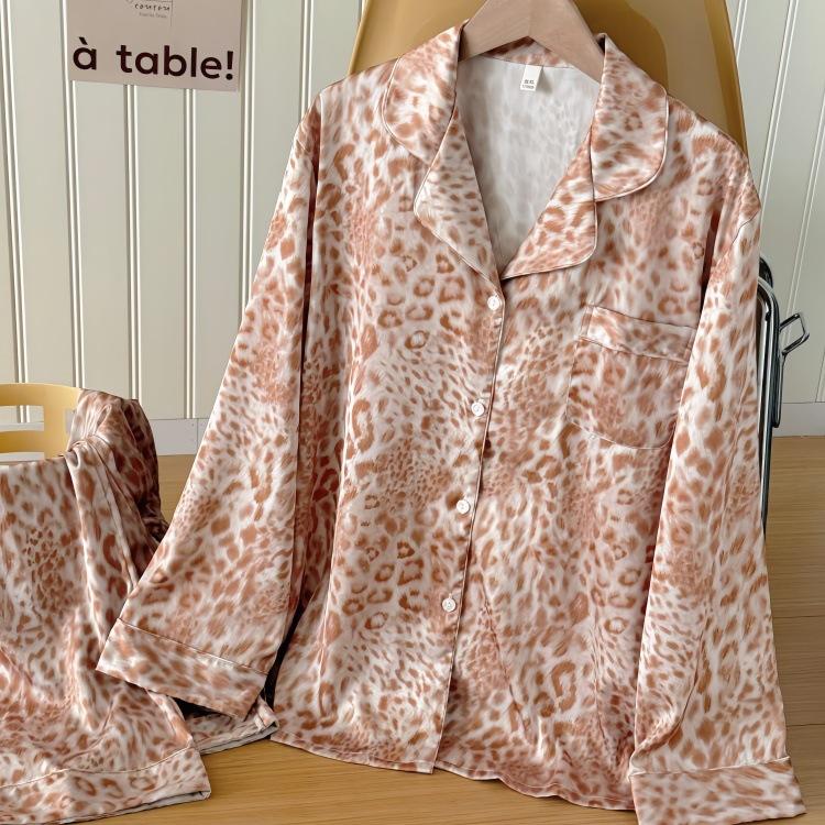 Original New Light Luxury Style Leopard Print Pajamas Women's Long-sleeved Trousers Ice Silk Satin High-end Satin Loungewear Set