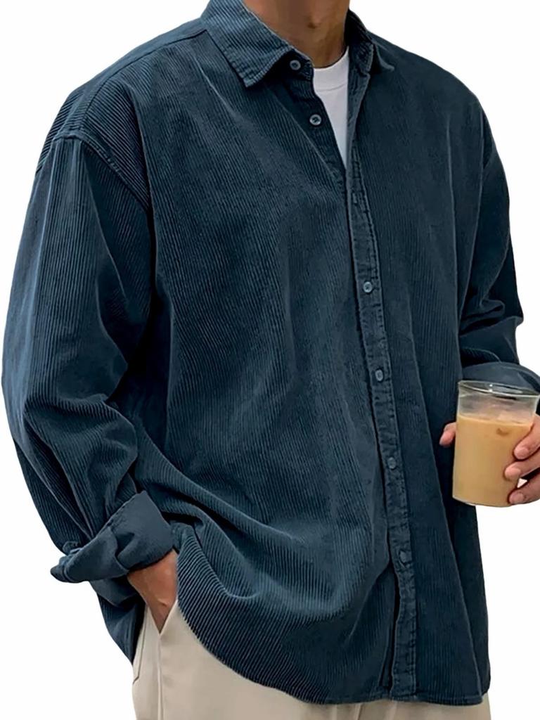 Men's Solid Color Corduroy Button Down Shirt, Loose Fit Lapel Casual Long Sleeve Shirt