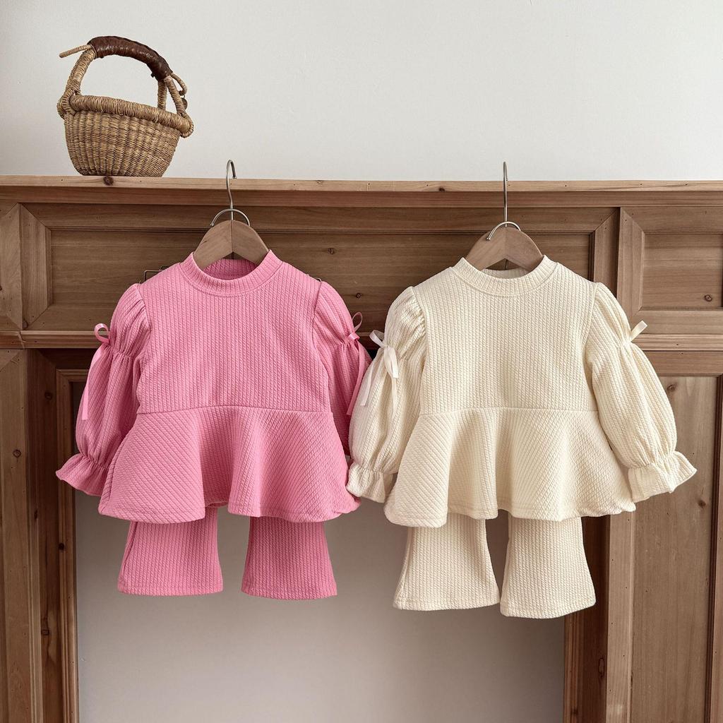 Koreanischer Stil Mädchen Anzug Langarm mit Schleife Rüsche Ausgestellte Hose - Kleinkinder und Kleine Kinder
