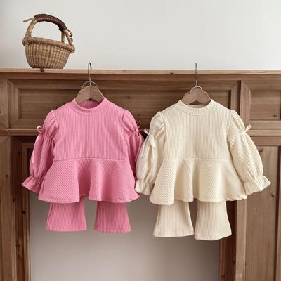 Girls' Korean Style Long-Sleeved Suit with Bowknot Ruffle Flared Pants - Toddlers and Young Children