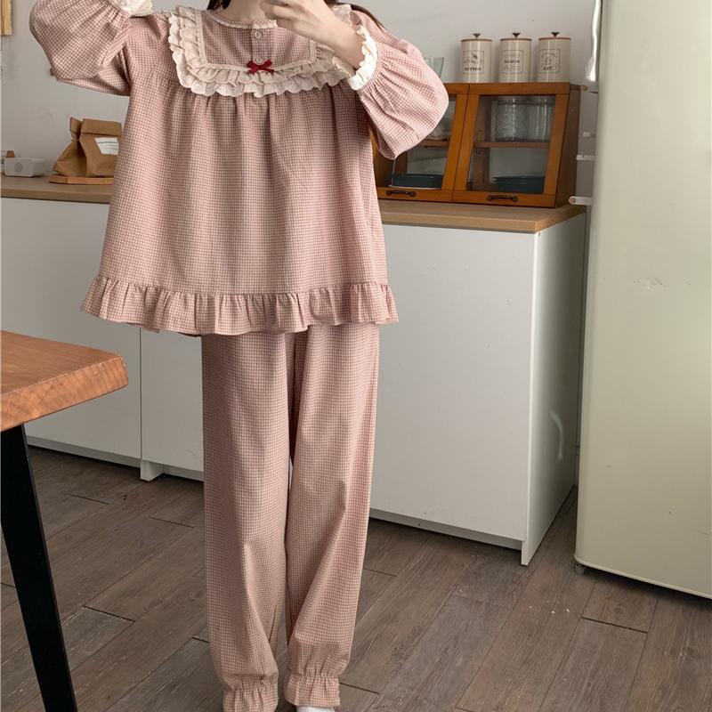 Versiunea coreeană de toamnă a palatului retro, carouri din dantelă dulce, cu mâneci lungi, pijamale pentru serviciu la domiciliu, costum femei