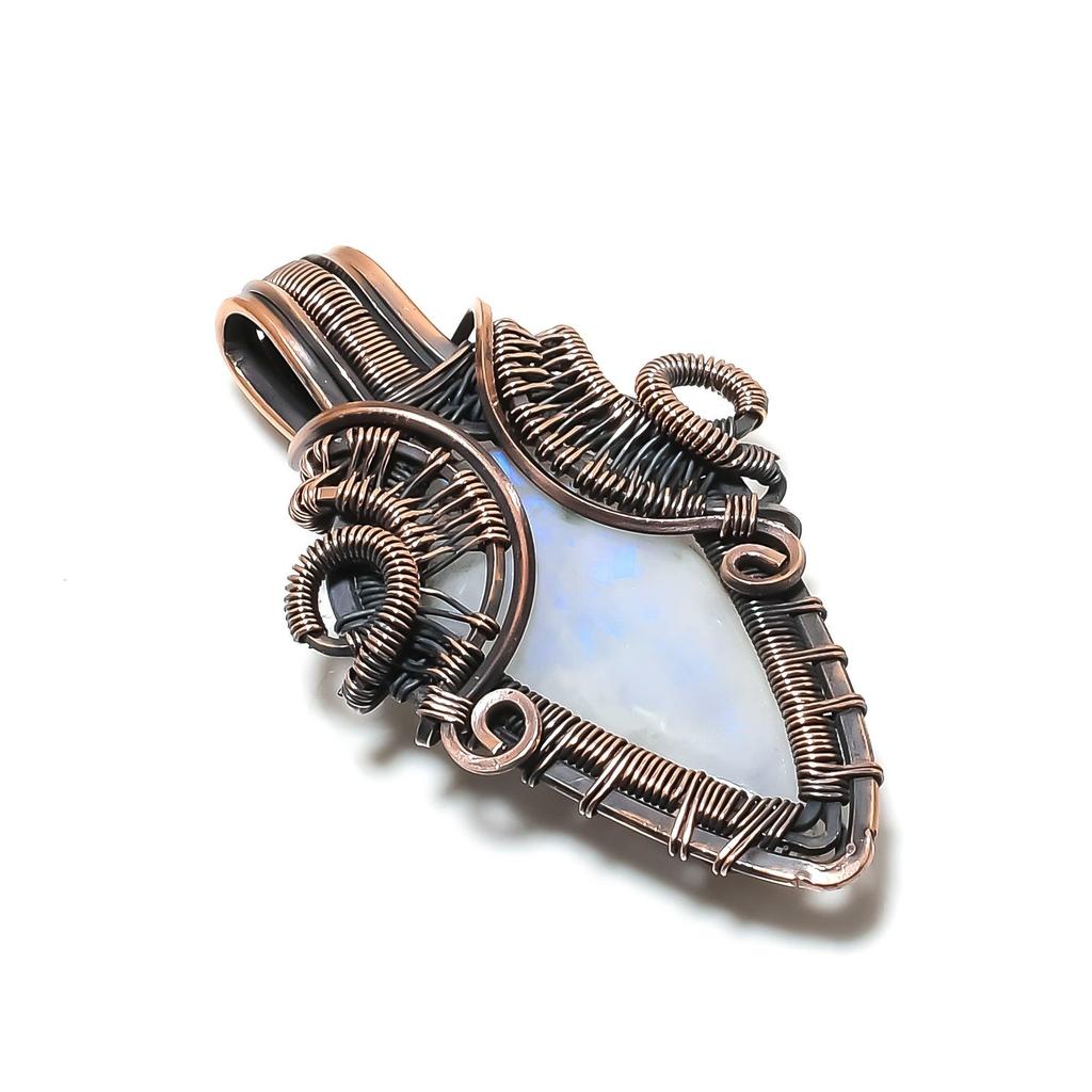 Rainbow Moonstone Pendant Gemstone Jewelry, 999 Copper Wire Wrapped Pendant, Handmade Beautiful Jewelry Pendant
