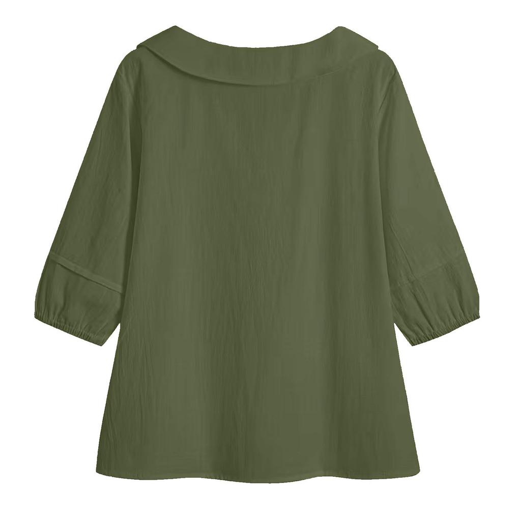 Women's Fashionable Color 3/4 Sleeve Shirt Cute Collar Summer Casual Shirt Loose Top