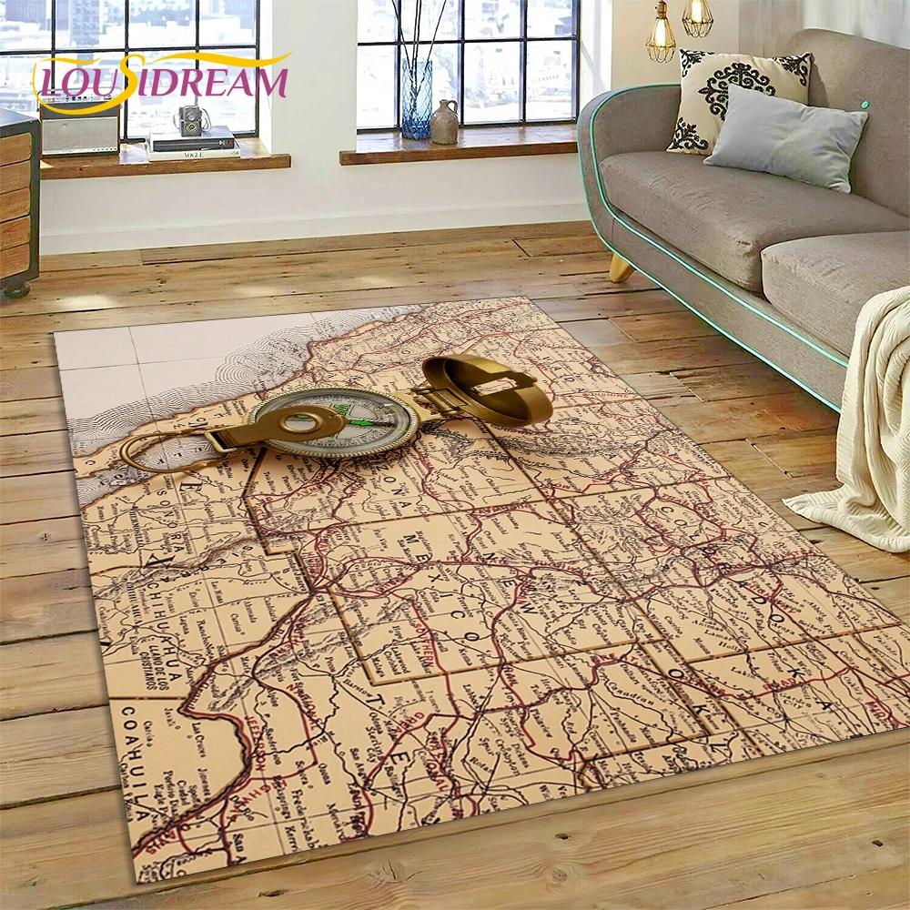 3D Starověká námořní mapa Mapa světa Kompas Koberec Kobereček do ložnice Obývacího pokoje Dekorace pohovky, Dětská hra Velká dekorační podložka na podlahu