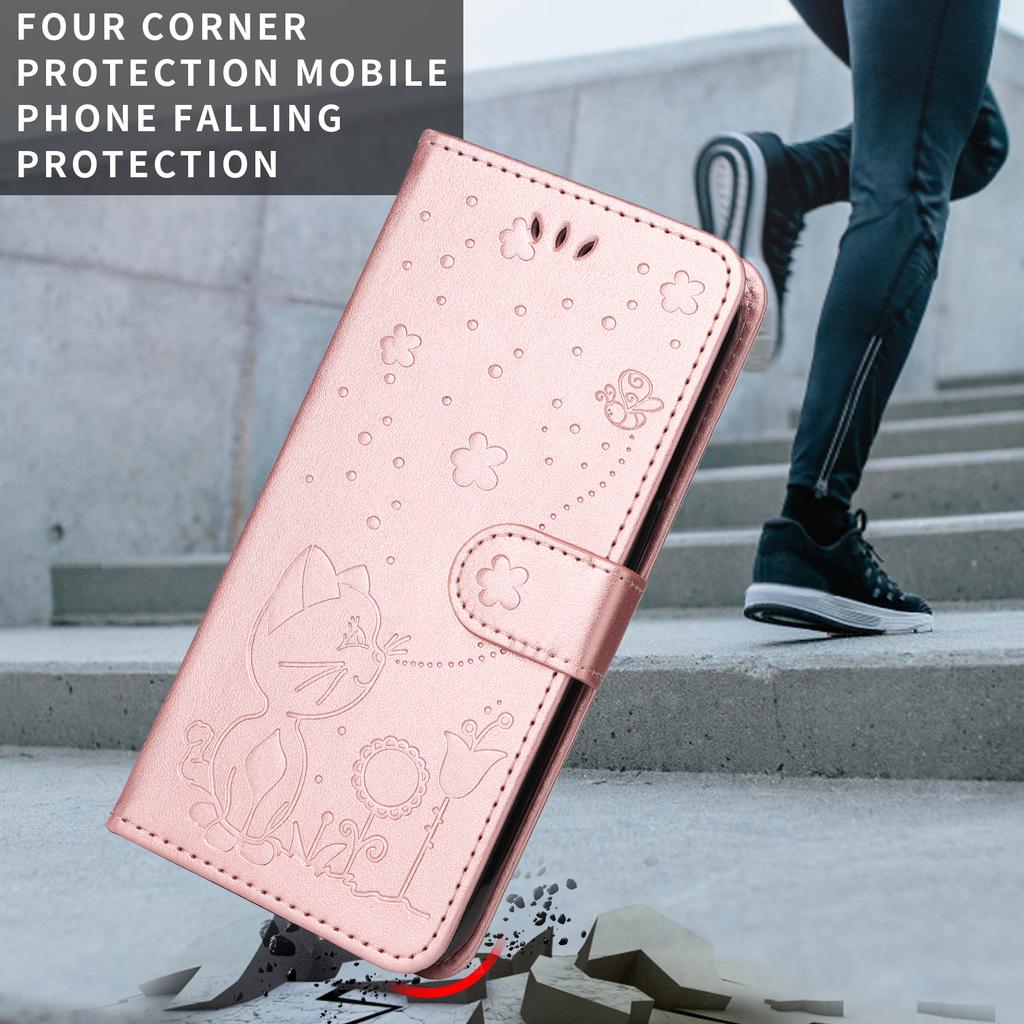 For Oppo Reno14 5G (China)/Oppo Reno14 F 5G/Oppo Reno14 5G (Global) Leather Wallet Case Cat Bee Pattern Phone Cover Stand