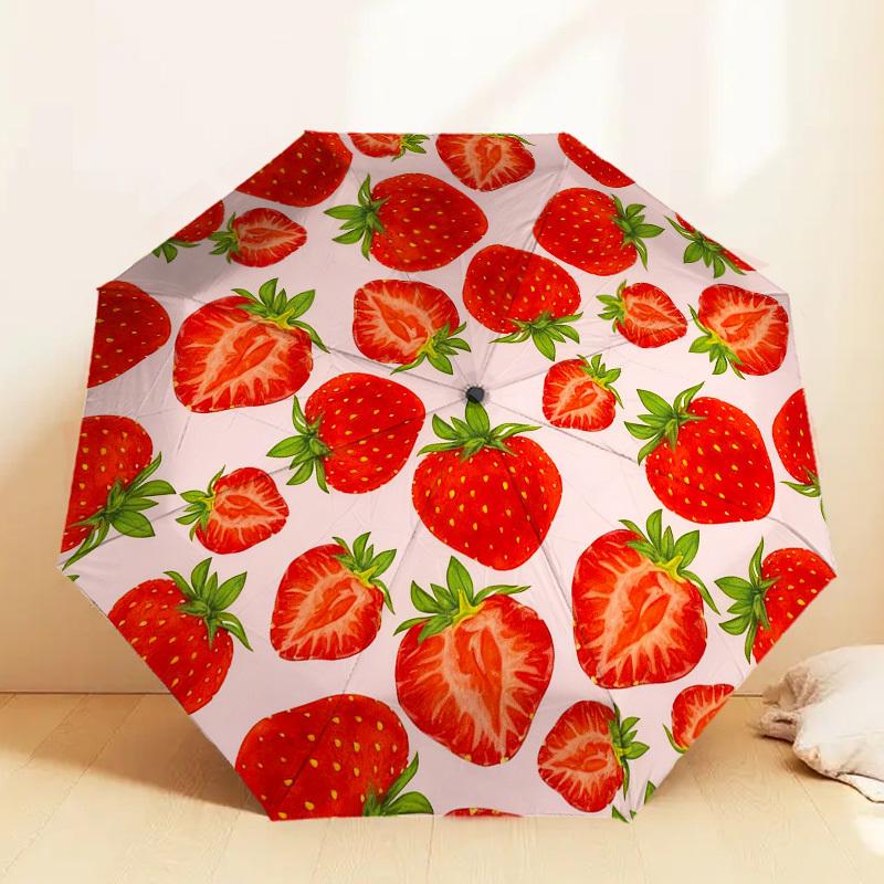1pc strawberry pattern Automatic Folding Umbrella, Heavy Duty 8 Rib Iron Frame,  Suitable for Travel, Daily Use, Birthday, Decor Gift m0104005
