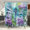 Watercolor Dragonfly Bath Curtain -Vibrant Purple Flowers &Blue Wings;Waterproof Home Decor Adds Artistic Charm To Your Bathroom