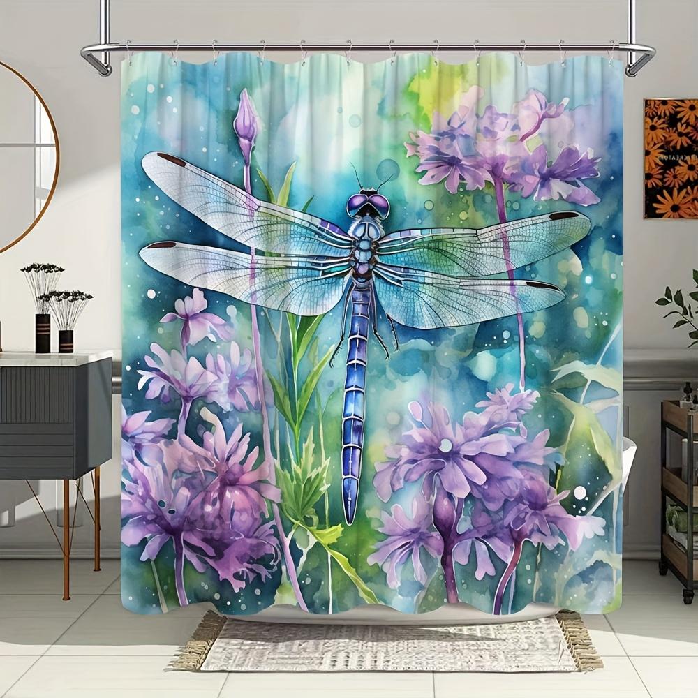 

Watercolor Dragonfly Bath Curtain -Vibrant Purple Flowers &Blue Wings;Waterproof Home Decor Adds Artistic Charm to Your Bathroom W90XH180cm