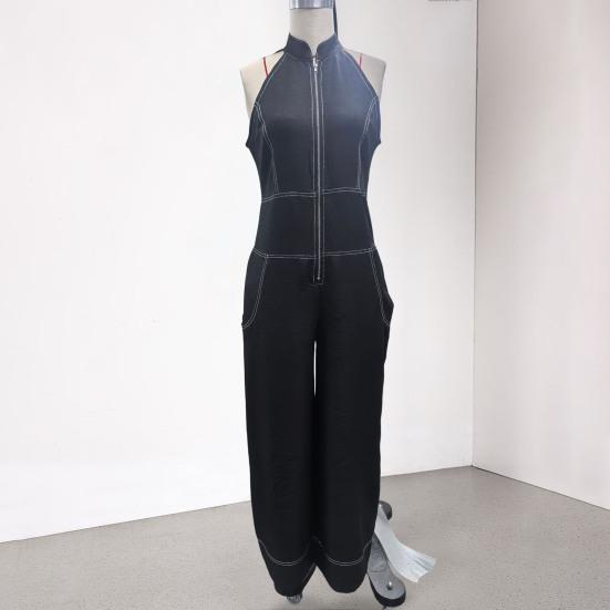 Huaqianguhh Women's Sleeveless Jumpsuit, Zip Up Stand Collar Wide Leg Pants Rompers, Casual Summer One Piece Outfits with Pockets