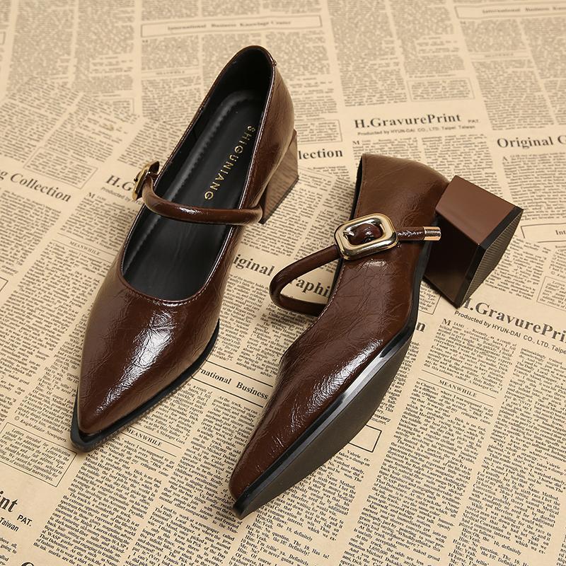 83656-1 Huidong County Daling Schuhe Mary Janes Damenschuhe Dicker Absatz Hohe Absätze Frühling Einzelne Schuhe Damen Spitz Kleine Lederschuhe