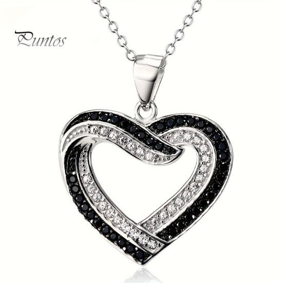 Women Necklace Earrings Set Overlapping Hearts Jewelry Black White Rhinestone And Double Heart Pendant for Parties Weddings Celebrations Love