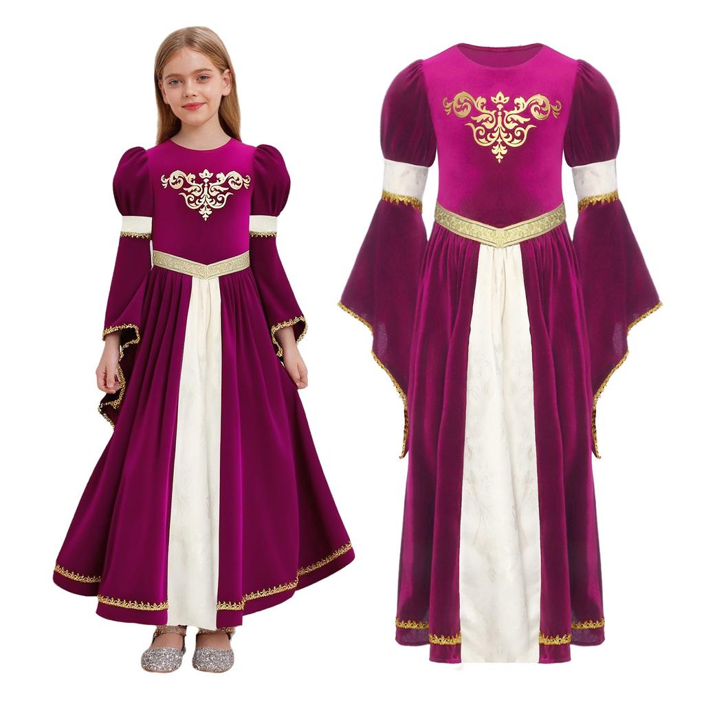 Luxury Medieval Princess Gown for Kids: Detailed Patchwork, Bell Sleeves, Gold Print & Waist Band for Renaissance Theme Event