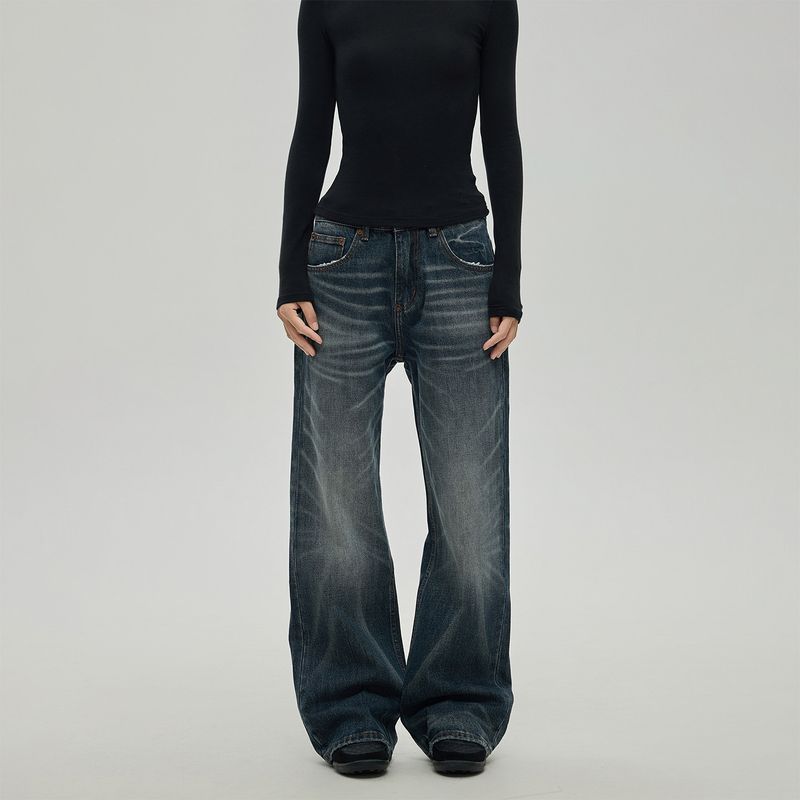 

Black of Exit American Street Style Washed Distressed Straight-Leg Jeans High Street New Cotton Floor-Length Pants Gray blue 2XL