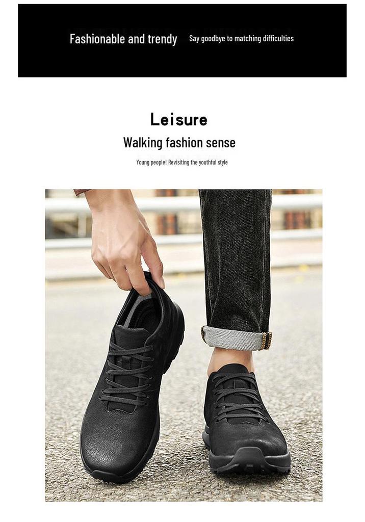 Men's Genuine Leather Low-Top Hiking Shoes - Spring/Autumn Casual Large Size Cowhide Sneakers
