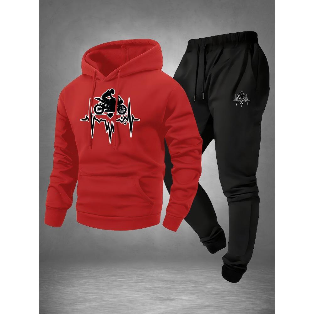Motorcycle Pattern Printed Hooded Sweatshirt Set for Men Drawstring Sweatpants Trendy Casual Sports Versatile Two Piece Set