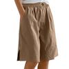 Women's Fashion Solid Color Pants Pocket Button Up Capris Loose Elastic Waist Cotton Linen Shorts