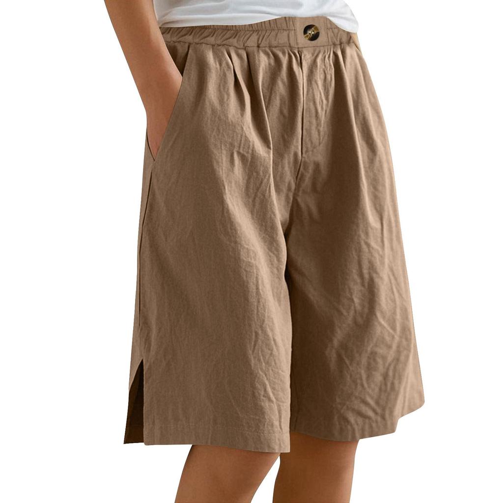 Women's Fashion Solid Color Pants Pocket Button Up Capris Loose Elastic Waist Cotton Linen Shorts