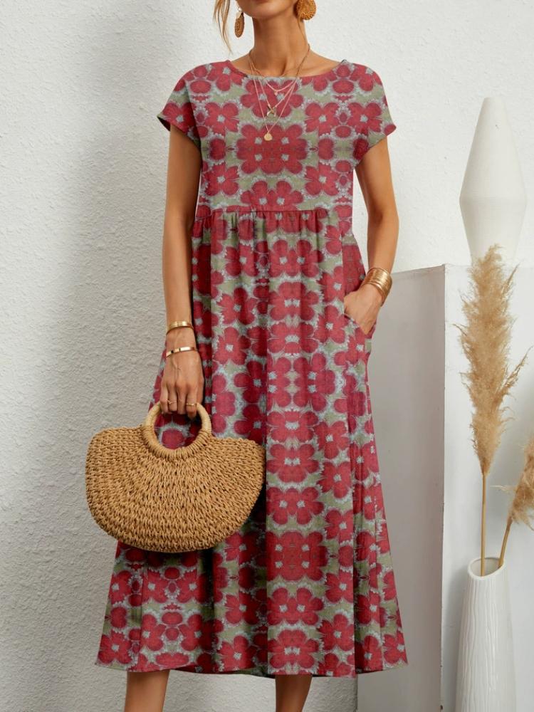 New Fashion Women's Loose Cotton and Linen Sleeveless Crew Neck Print Summer Dress