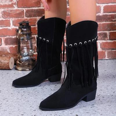 Bottes à franges vintage pour femmes, nouvelles bottes d'hiver à talons bas et épais, à bout pointu, bottes de cowboy occidentales de haute qualité, chaussures à plateforme