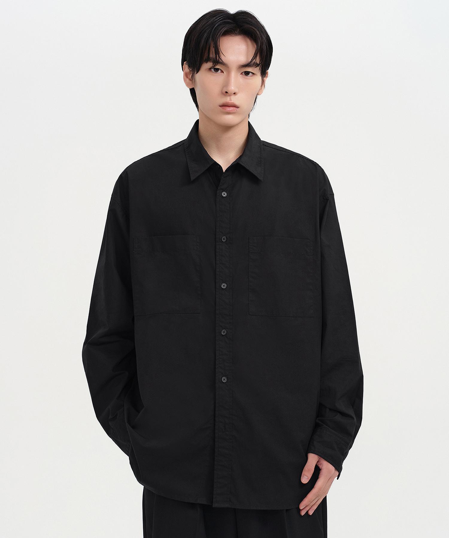 Musinsa Standard Свободная стираная поплиновая рубашка с двумя карманами [Черная] Black/S