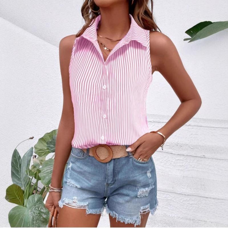 Camisa de Mujer de Verano sin Mangas Holgada a Rayas Elegante Blusa de Oficina Moda Casual Sencilla Dulces Tops Cuello Solapa Ajustado Ropa Streetwear