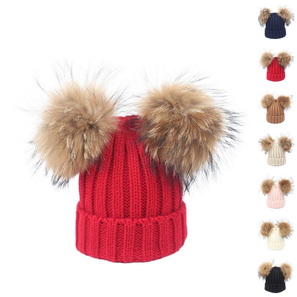 Winter Kinder Strickmütze Doppeltes Bommel Mütze Weich Dehnbar Warm Gerippte Strickmütze für Kinder Kleinkind Säugling Jungen Mädchen