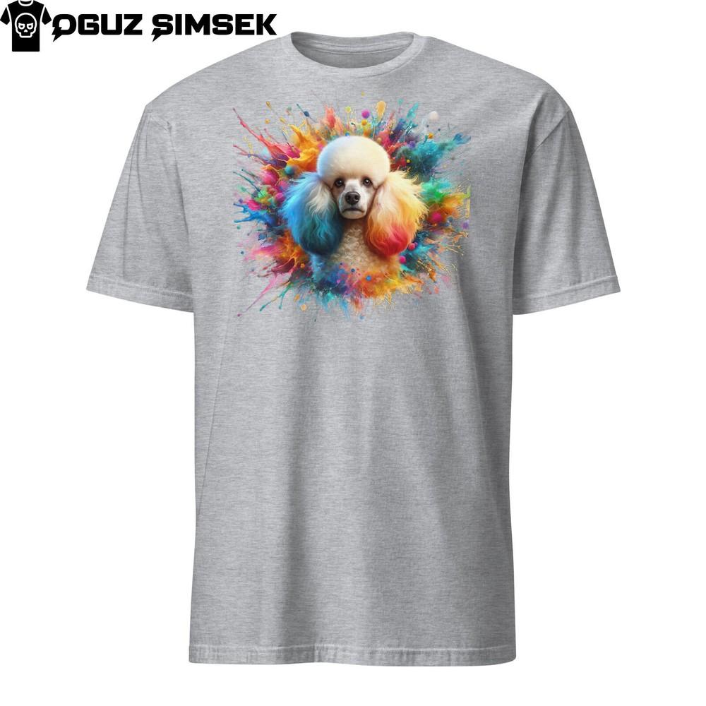 

Colorful Poodle Unisex T-Shirt: Vibrant Dog Design with Paint Splashes Tee L