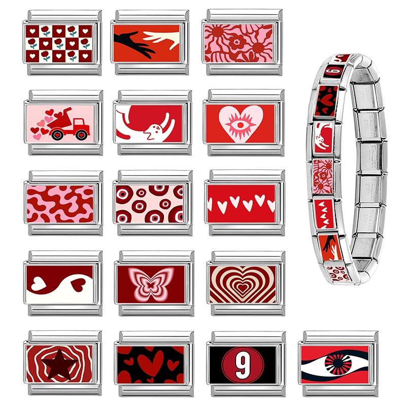 Modisches Personalisierbares DIY Rote Farbe Italienisches Charm-Armband Blume Katze Auto Herz Ziffer 9 Perle 9mm Armband Edelstahl Schmuck
