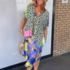 Leopard Print Patchwork Dresses Women V-neck Short Sleeves Pocket Loose Slit Midi Dress