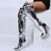 Women Sexy Silver Mirror Thigh High Boots T Show Pointy Toe Club Party Shoes Thin High Heels Over The Knee Long Boots For