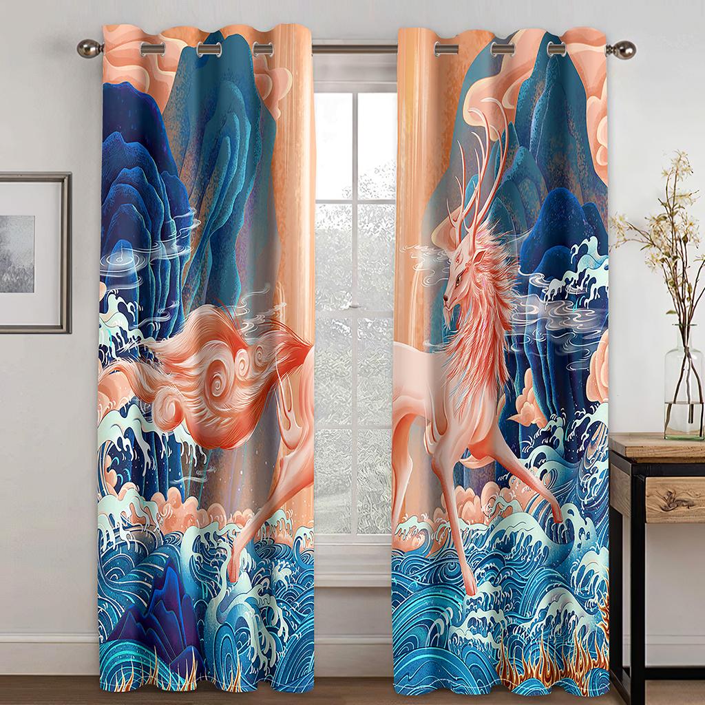 

Традиционный китайский миф благоприятный рисунок животного 3D цифровая печать занавеска гостиная спальня занавеска две панели W50xH130(CM)x2pcs&Grommet Top