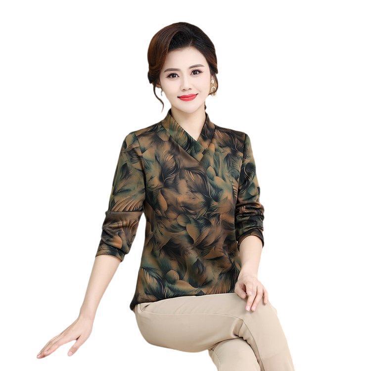 Elegant Floral Print Long-Sleeve T-Shirt for Middle-Aged & Elderly Women – Loose Fit Plus Size Spring/Autumn Top