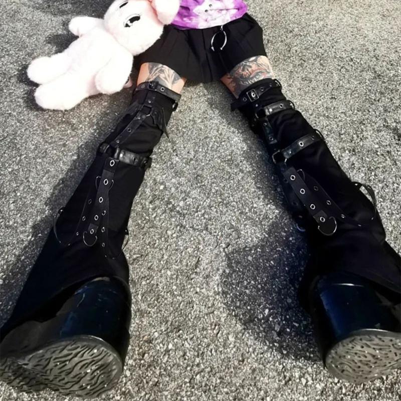 Women Punk Harness Eyelets Straps Flared Leg Warmer Japanese Style Buckled Thigh High Leg Cover Long Sock Stockings