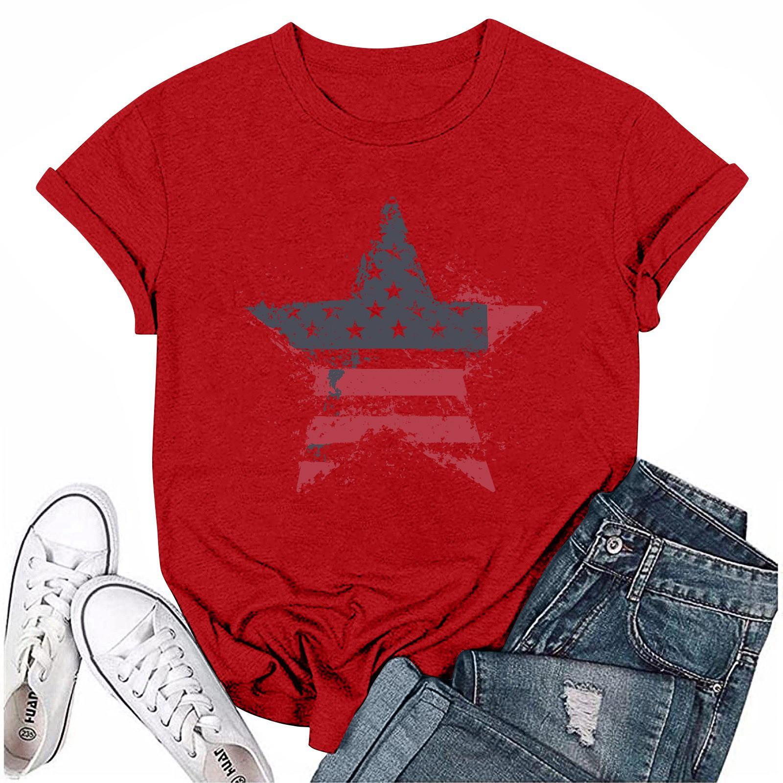 

Adults Casual Daily Round Neck Independence Day Printed Short Sleeved T-shirt Letter Top XXL червоний