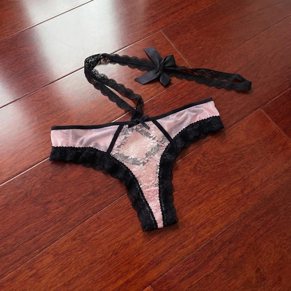 Bow Hanging Neck Chain Mesh Floral Bowknot Panties Underwear for Women  Valentine's Day Gift