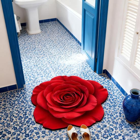 Floor Mat Irregular Shape Quick-Drying Floral Doormat Anti-Slip Backing Easy Maintenance Soft Cozy Rug Bathroom Decor