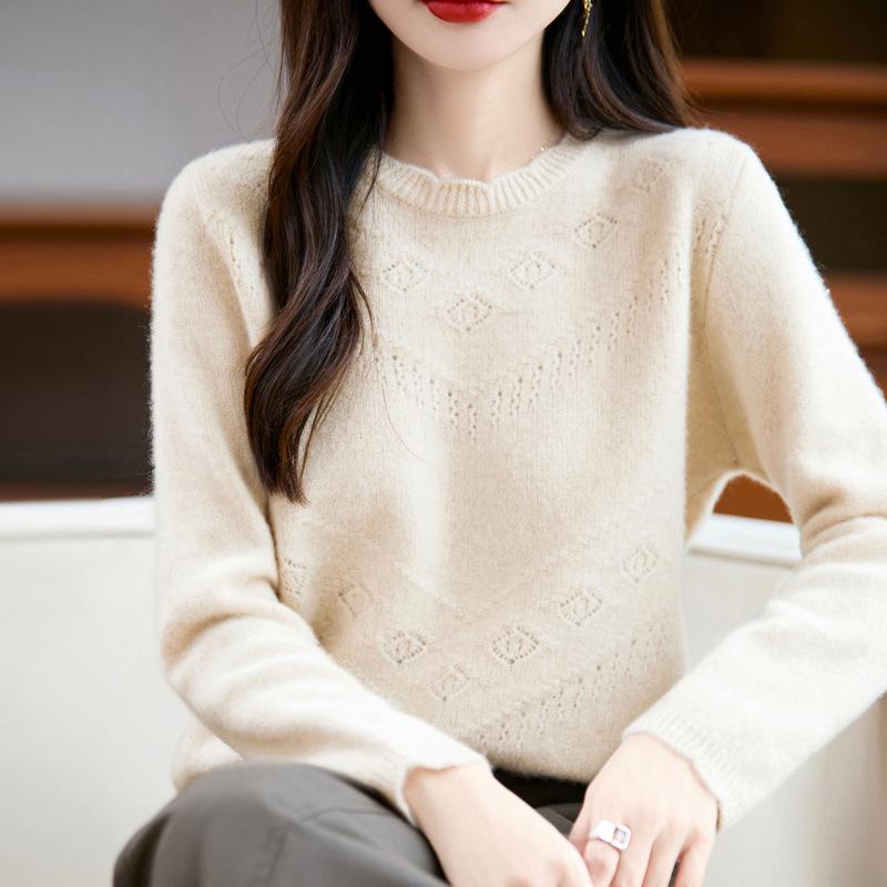 2025 A/W Pure Wool Lace Knitwear - Round Neck, Long Sleeve Crochet Pullover