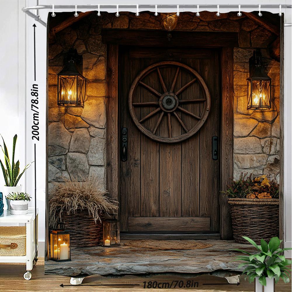 Country Retro Style, Wood Grain House Pattern Shower Curtain Waterproof Polyester Bathroom Curtain Bath Screen Decor For Bathtub