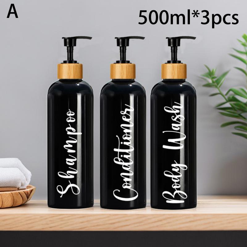 3Pcs Refillable Shampoo Conditioner Body Wash Pump Bottles,Bamboo Lid Plastic Shower Dispenser Set for Bathroom
